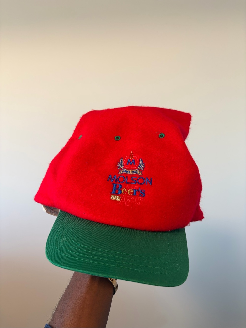 Vintage Molson Christmas Baseball Cap in Red with Green Brim
